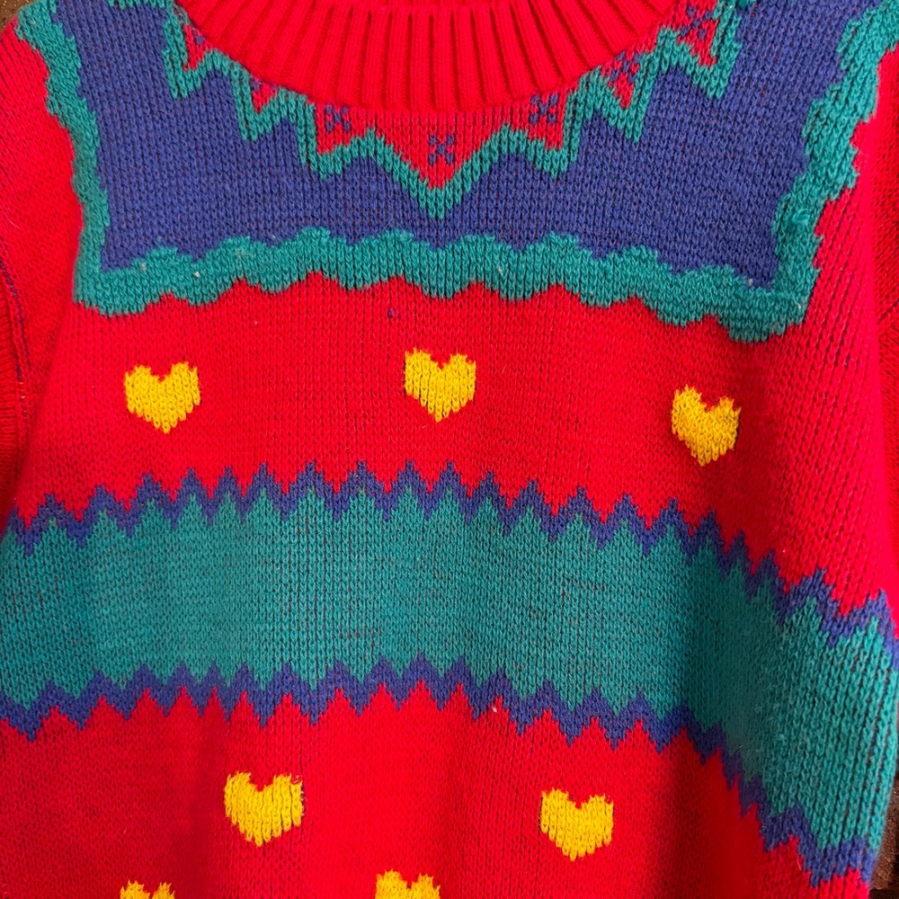 Vintage kids girls hearts stripes colorblock crewneck sweater red 4 - Picture 3 of 3